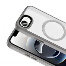 Луксозен гръб / кейс / Flet Case с безжично зареждане MagSafe за Apple iPhone 16e - прозрачен / сив кант