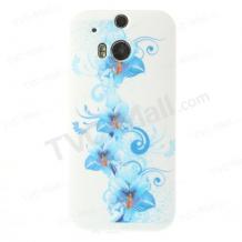 Силиконов калъф / гръб / TPU за HTC One M8 - бял със сини цветя