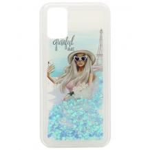 Луксозен твърд гръб 3D Water Case за Samsung Galaxy A41 - течен гръб с тюркоазен брокат / Girl in Paris