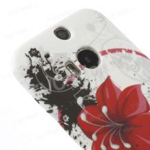 Силиконов калъф / гръб / TPU за HTC One M8 - бял с червени цветя
