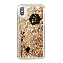 Луксозен твърд гръб 3D Water Case за Apple iPhone X / iPhone XS - прозрачен / течен гръб със златист брокат / Black Rose