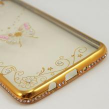 Луксозен силиконов калъф / гръб / TPU с камъни за Samsung Galaxy S6 Edge G925 - прозрачен / пеперуда / златист кант