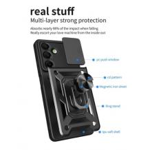 Удароустойчив гръб TPU кейс Slide Camera Case Magnetic Finger Ring Car Holder за Samsung Galaxy A16 - черен