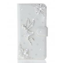 Луксозен кожен калъф Flip тефтер със стойка и камъни за Sony Xperia M5 - бял / фея и цветя