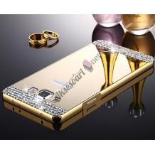 Луксозен алуминиев бъмпер с твърд гръб и камъни за Samsung Galaxy A3 A300 - златист / огледален