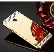 Луксозен алуминиев бъмпер с твърд гръб и камъни за Samsung Galaxy S5 G900 / Samsung S5 Neo G903 - златист / огледален