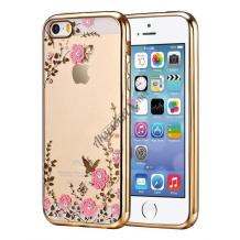 Луксозен силиконов калъф / гръб / TPU с камъни за Apple iPhone 7 Plus / iPhone 8 Plus - прозрачен / розови цветя / златен кант
