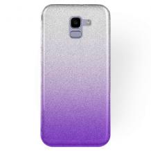 Силиконов калъф / гръб / TPU за Samsung Galaxy J4 2018 - преливащ / сребристо и лилаво / брокат