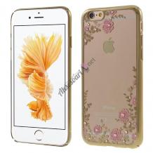 Луксозен твърд гръб KAVARO с камъни Swarovski за Apple iPhone 7 - прозрачен / розови цветя / златист кант