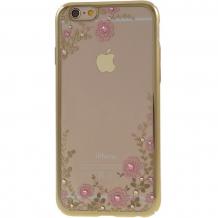 Луксозен твърд гръб KAVARO с камъни Swarovski за Apple iPhone 6 / iPhone 6S - прозрачен / розови цветя / златист кант