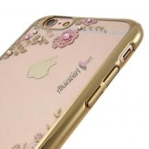 Луксозен твърд гръб KAVARO с камъни Swarovski за Apple iPhone 7 - прозрачен / розови цветя / златист кант