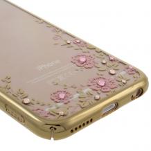 Луксозен твърд гръб KAVARO с камъни Swarovski за Apple iPhone 6 / iPhone 6S - прозрачен / розови цветя / златист кант