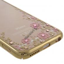 Луксозен твърд гръб KAVARO с камъни Swarovski за Apple iPhone 7 - прозрачен / розови цветя / златист кант