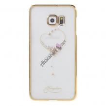 Луксозен твърд гръб KINGXBAR Swarovski Diamond за Samsung Galaxy S6 Edge G925 - прозрачен със златен кант / Loving Heart