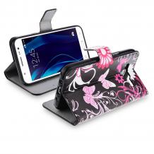 Кожен калъф Flip тефтер Flexi със стойка за Samsung Galaxy J5 J500 - черен / розови цветя и пеперуди