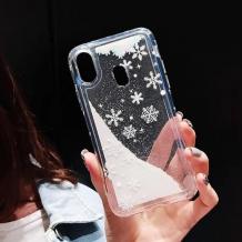 Луксозен твърд гръб 3D Winter Water Case за Samsung Galaxy A20e - прозрачен / течен гръб с бял брокат / Snowflakes