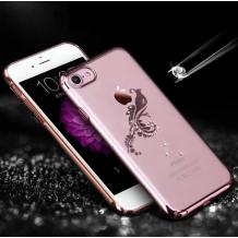 Оригинален твърд гръб с камъни USAMS ZANDER Series за Apple iPhone 7 - прозрачен / Rose Gold кант / паун