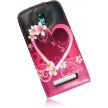Кожен калъф Flip тефтер за HTC Desire 500 - черен със сърце и цветя