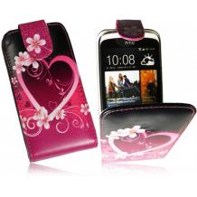 Кожен калъф Flip тефтер за HTC Desire 500 - черен със сърце и цветя