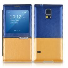 Луксозен кожен калъф Flip Cover S-View Remax Binary за Samsung Galaxy S5 G900 - син с жълто