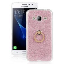 Луксозен силиконов гръб със стойка за Samsung Galaxy J3 / J3 2016 J320 - Rose Gold / брокат