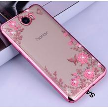 Луксозен силиконов калъф / гръб / TPU с камъни за Huawei Y5 II / Y5 2 / Y6 II Compact - прозрачен / розови цветя / Rose Gold кант