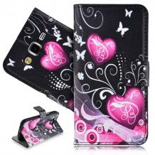 Кожен калъф Flip тефтер Flexi със стойка за Samsung Galaxy J5 J500 - черен / розови сърца и пеперуди