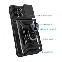 Удароустойчив гръб TPU кейс Slide Camera Case Magnetic Finger Ring Car Holder за Motorola Moto G75 - черен