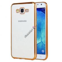 Луксозен силиконов калъф / гръб / TPU за Samsung Galaxy J3 - прозрачен / златист кант
