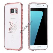 Луксозен силиконов калъф / гръб / TPU с камъни за Samsung Galaxy S6 G920 - прозрачен с розов кант / лебед