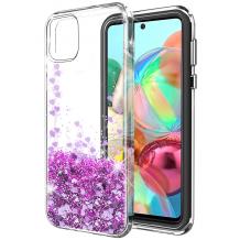 Луксозен твърд гръб 3D Water Case за Samsung Galaxy A21s - прозрачен / течен гръб с брокат / сърца / лилав