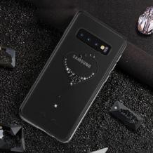 Луксозен твърд гръб KINGXBAR Swarovski Diamond за Samsung Galaxy S10 - прозрачен с черен кант / сърце