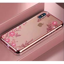 Луксозен силиконов калъф / гръб / TPU с камъни за Apple iPhone XR - прозрачен / розови цветя / Rose Gold кант