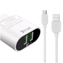 Универсално зарядно устройство / EMY MY-202 220V с 2 USB порта и Micro USB кабел 2.4А за Samsung, Apple, LG, HTC, Sony, Nokia, Huawei, Xiaomi и др. - бяло