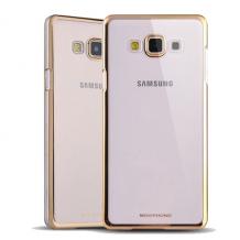 Луксозен силиконов калъф / гръб / TPU MEEPHONG за Samsung Galaxy J5 / Galaxy J5 - прозрачен / златист кант