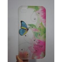 Заден предпазен капак за Apple Iphone 4 / 4S - бял с пеперуда, цветя и камъни