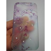 Заден предпазен твърд гръб за Apple Iphone 4 / 4S - прозрачен с лилави цветя и камъни