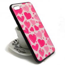 Луксозен стъклен твърд гръб със силиконов кант и камъни за Apple iPhone 7 / iPhone 8 - розови сърца