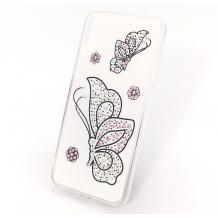Луксозен силиконов калъф / гръб / с камъни за Apple iPhone XS MAX - Butterflies / бял