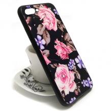 Луксозен стъклен твърд гръб със силиконов кант и камъни за Apple iPhone 7 / iPhone 8 - черен / рози