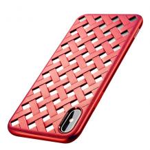 Луксозен силиконов калъф / гръб / TPU BASEUS Paper-Cut Case за Apple iPhone X - червена плетеница / имитиращ кожа