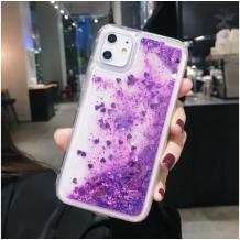 Луксозен гръб / кейс / 3D Water Case за Samsung Galaxy A52 / A52 5G - прозрачен / течен гръб с лилав брокат / сърца