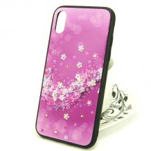 Луксозен стъклен твърд гръб със силиконов кант и камъни за Apple iPhone X - лилав с цветя