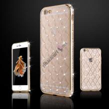 Луксозен силиконов калъф / гръб / TPU с камъни за Apple iPhone 5 / iPhone 5S / iPhone SE - прозрачен / златист кант / ромбове