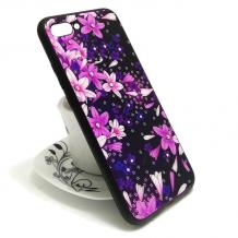 Луксозен стъклен твърд гръб със силиконов кант и камъни за Apple iPhone 7 / iPhone 8 - черен / лилави цветя