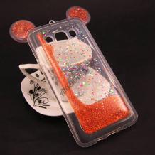 Луксозен силиконов калъф / гръб / TPU 3D за Samsung Galaxy J3 / Galaxy J3 2016 J320 - прозрачен / оранжев брокат / миши ушички