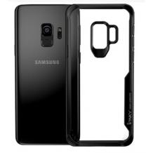 Луксозен твърд гръб със силиконов кант IPAKY за Samsung Galaxy J4 2018 - прозрачен / черен кант