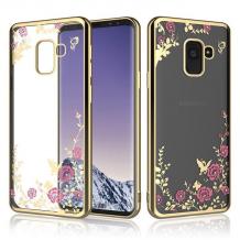Луксозен силиконов калъф / гръб / TPU с камъни за Samsung Galaxy J6 2018 - прозрачен / розови цветя / златист кант
