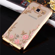 Луксозен силиконов калъф / гръб / TPU с камъни за Samsung Galaxy Grand Prime G530 - розови цветя / златист кант