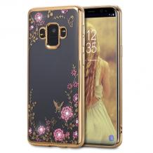 Луксозен силиконов калъф / гръб / TPU с камъни за Samsung Galaxy J7 Duo 2018 - прозрачен / розови цветя / златист кант